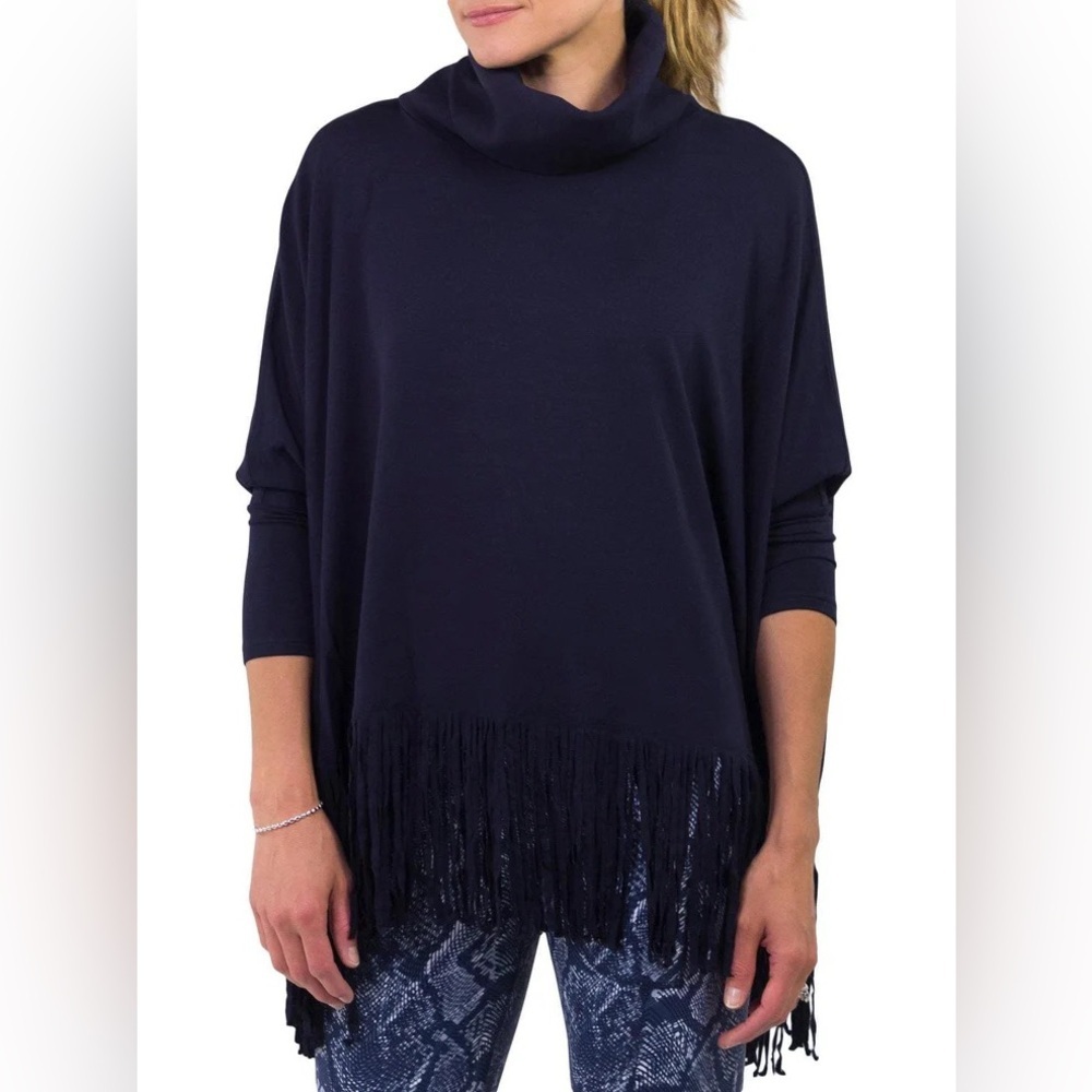 Jofit Fringe Poncho Navy Blue Pullover Turtleneck Sweater XS/S